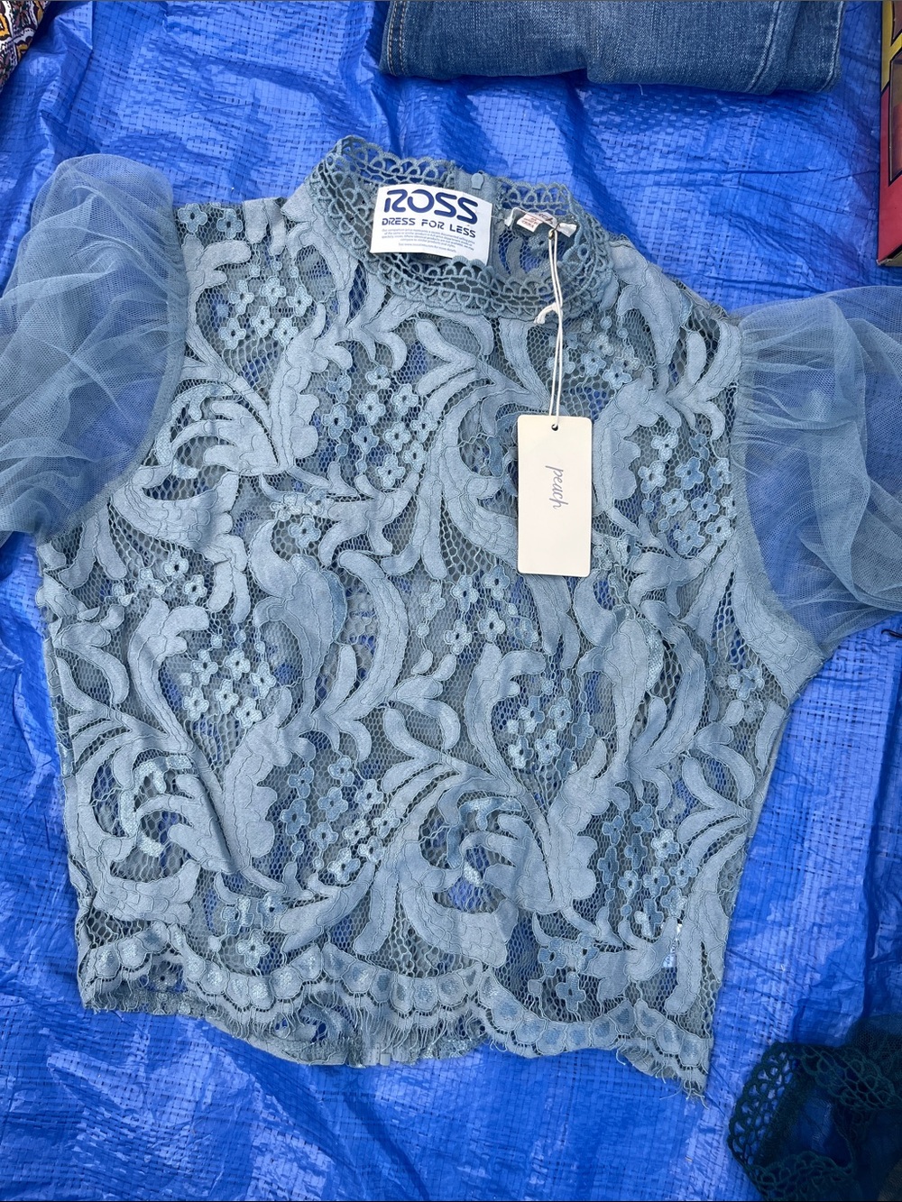 Ross Light Blue Lace Puff-Sleeve Women's Blouse